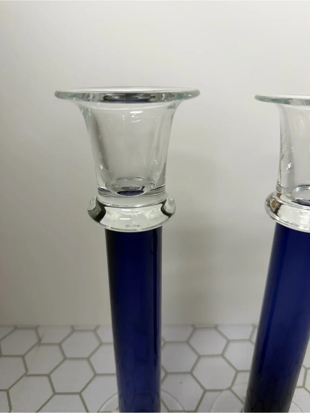 Elegant Blue Glass Taper Candle Holders - Pair